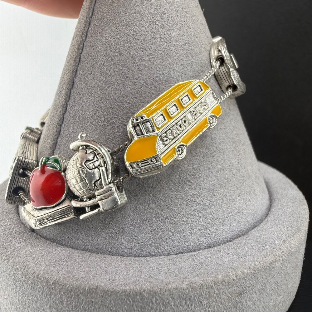 Teacher School Slide Charm Bracelet Silver Tone Enamel Bus Apple Books 7" - Picture 5 of 12